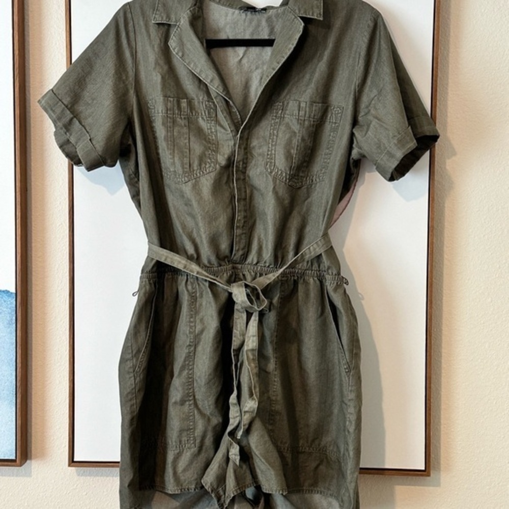 Express Olive Green Short Sleeve Romper with Belt & Pockets